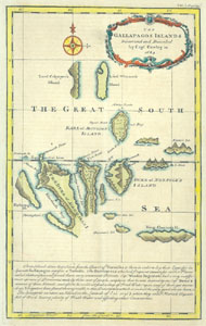 Map depicting the Galapagos Islands as observed in 1684 with the land areas colored in green thumbnail