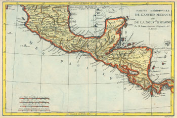 Image of a map of Mexico as a Spanish colony from 1780 with the coasts outlined in orange thumbnail