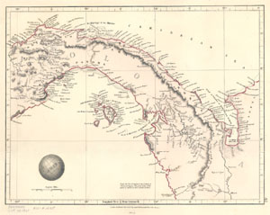 Map of Panama from 1828 before it was independent with the coasts outlined in red thumbnail