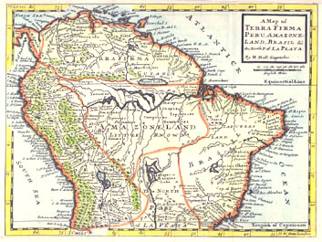 map of South America from 1732 with the country borders in orange. Northern section thumbnail.