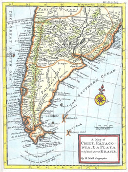 map of South America from 1732 with the country borders in orange. Southern section thumbnail.