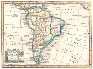 Map of South America from 1790 with hand colored borders thumbnail