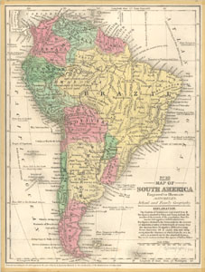 Map of South America from 1839 with the countries shown in different colors thumbnail