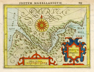 Map of the Strait of Magellan from 1610 with a red, blue, and yellow cartouche thumbnail