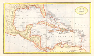 map of the West Indies with the coastlines outlined in orange thumbnail